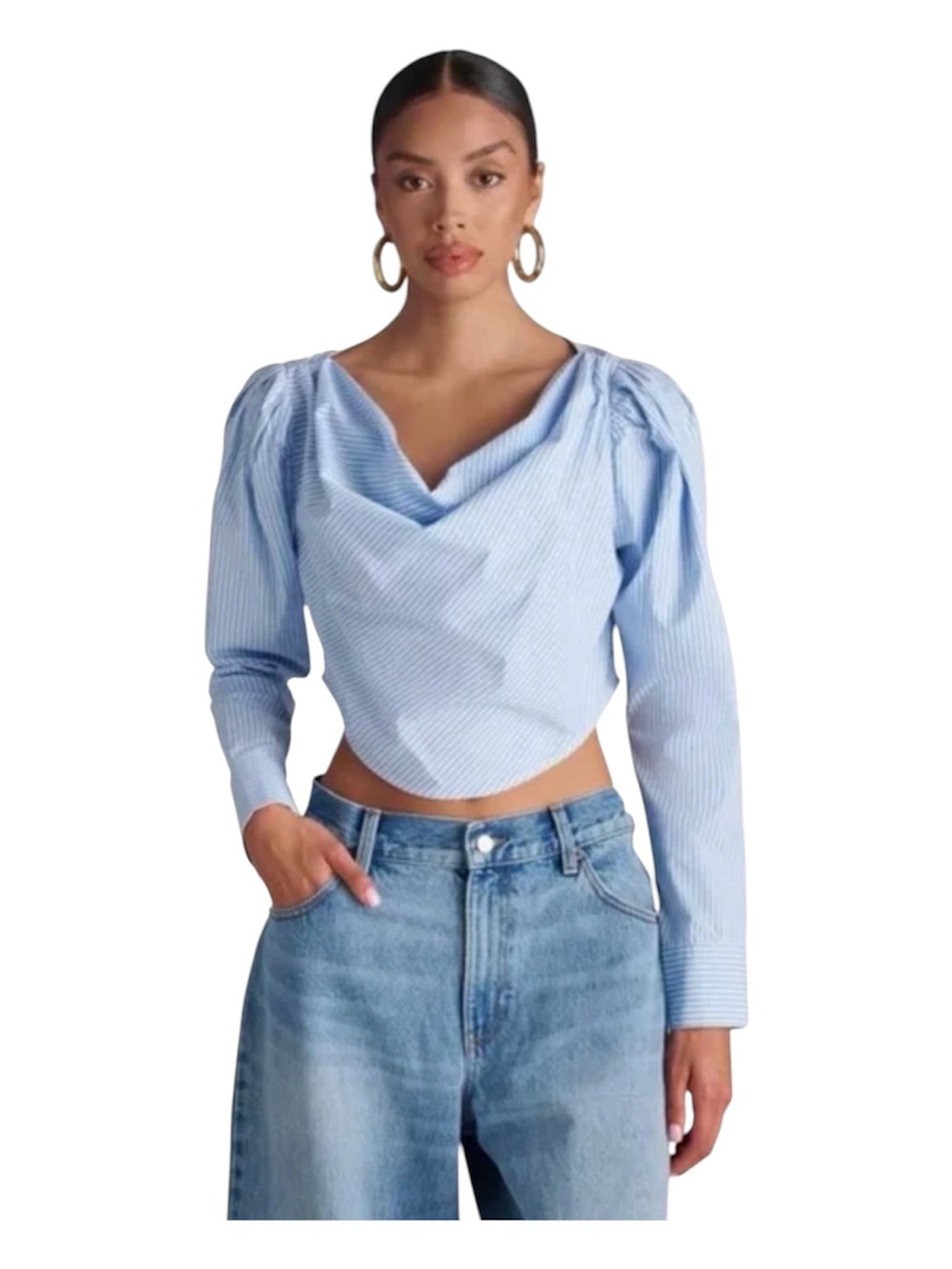 KBB by KAHLANA The Balloon Cropped Top Blue White Stripe XL NWT